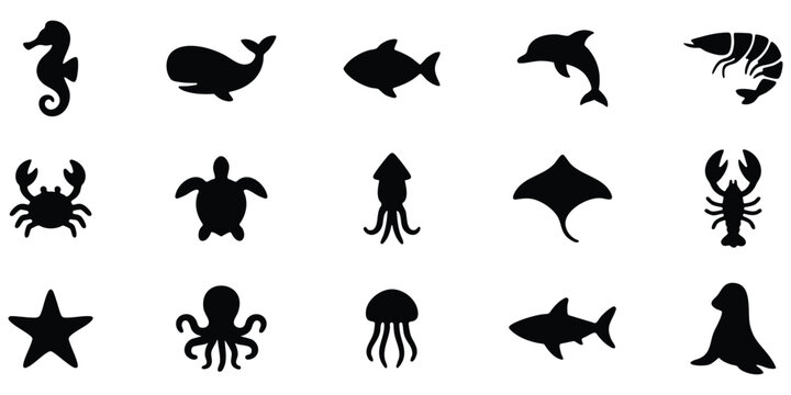 Ocean animal silhouette set, Marine creature vector collection, Minimal sea life silhouette illustration