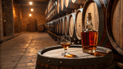 Whiskey glass and decanter on wooden barrel in distillery cellar, warm lighting and aged oak casks, vintage liquor production, rustic bar scene, bourbon branding concept, classic drink background