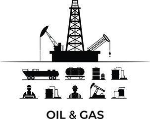 Black and white oil and gas industry icons including rig pumpjack and workers in a vector graphic