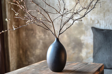 Cozy interior detail features vase with branches, pillow enhancing furniture. Comfortable cushion adds warm, homey touch to room. Comfort that interior brings cozy. Style and cozy.