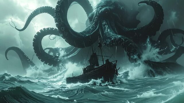 Kraken's Enormous Tentacles Rising from a Stormy Sea Around a Shipwreck, Water Realism