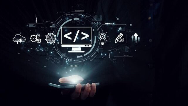 Modern web development concept featuring coding symbols, web development process, web development interface, and web development tools with futuristic design. Elide