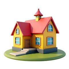 Cartoon house with red roof yellow walls and green base isolated on a transparent background