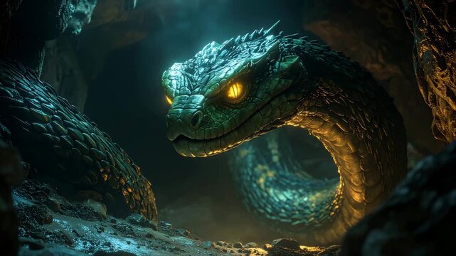 Basilisk Serpent Creature in a Dark Cave with Glowing Eyes, Cinematic Macro Realism