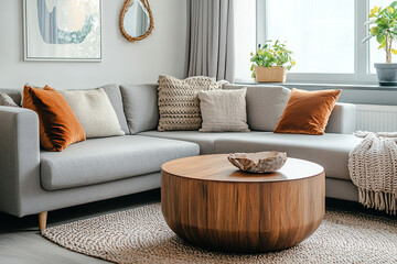 Cozy livingroom with sofa styled by soft cushion and light window, displays modern style. Bright interior showcases minimalist design bringing clean comfort to home.