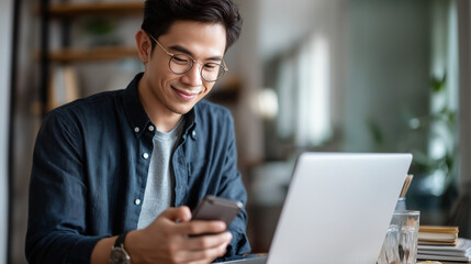 Faceless young Asian man working from home using laptop and smartphone simultaneously remote work multitasking freelance communication online business lifestyle modern digital