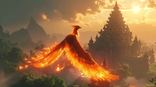 Bennu (Egyptian Phoenix Bird) Glowing with Embers Above an Ancient Temple at Dawn