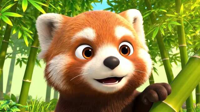 Animated red panda with bamboo forest background