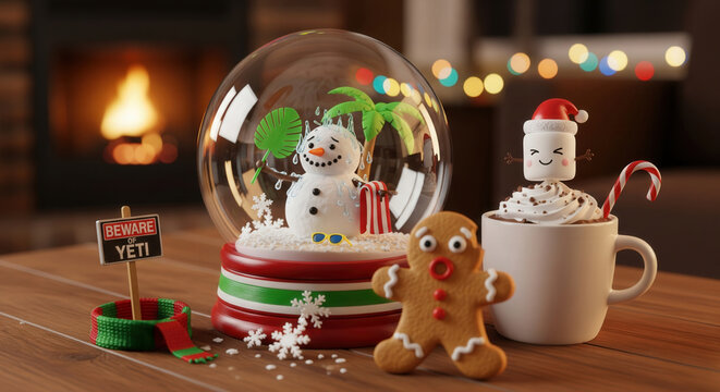 Whimsical holiday setup featuring a melting snowman in a tropical snow globe, a cheerful marshmallow in cocoa, and a surprised gingerbread cookie.