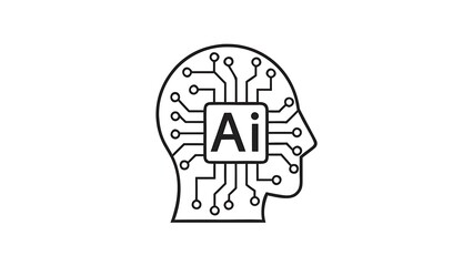 Outline of a human head with ai inside and circuit board design on a white background