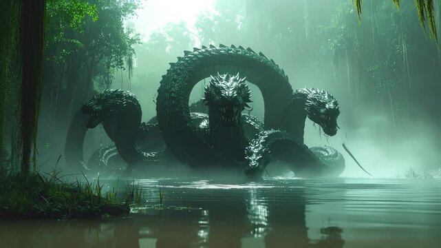 Hydra, a Multi-Headed Serpent Rising from a Misty Swamp with Water Reflections, Greek Mythology