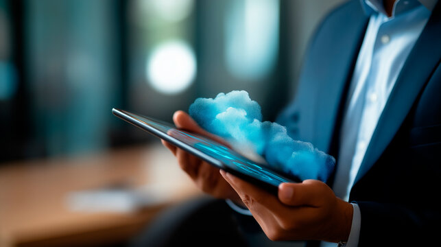 Faceless businessman using digital tablet to manage files via cloud system document management DMS interface digital data sharing platform cloud backup technology file transfer