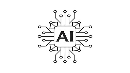 A simple black and white ai chip illustration with connections on a white background