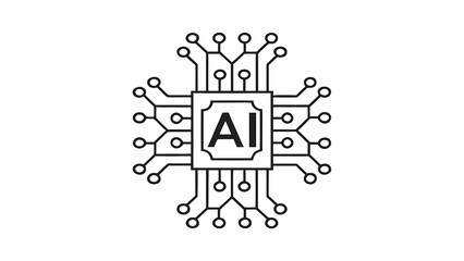 A simple black and white ai chip illustration with connections on a white background