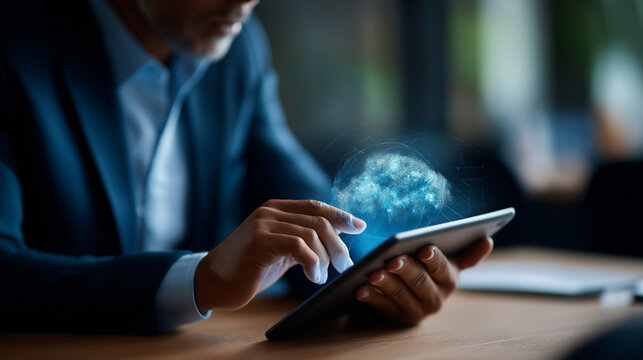 Faceless businessman using digital tablet with virtual cloud computing interface overlay data management system dashboard online file storage technology secure document sharing