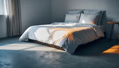 Bedroom interior with sunlight and white bedding