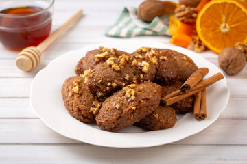 Close-up of homemade greek traditional melomakarona cookies