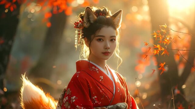 Elegant Nine-Tailed Fox (Kitsune) Woman in a Red Kimono Standing in a Japanese Forest