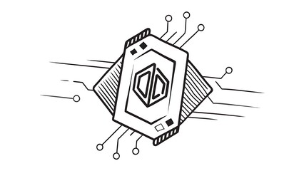 Illustration of a black and white computer chip with connected lines and circles