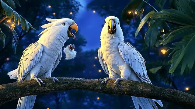 Two striking white Cockatoos perched on a branch in a mystical forest setting