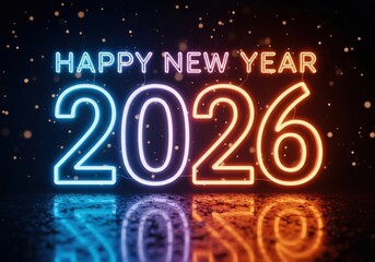 Happy new year 2026 neon lights celebration