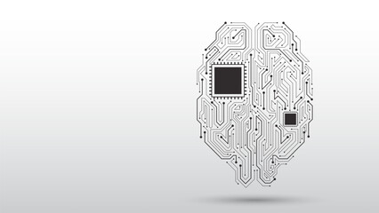 Abstract artificial intelligence brain concept. AI chipset on brain with circuit board. Futuristic technology design. Cognition, innovation, and data network. Vector illustration.