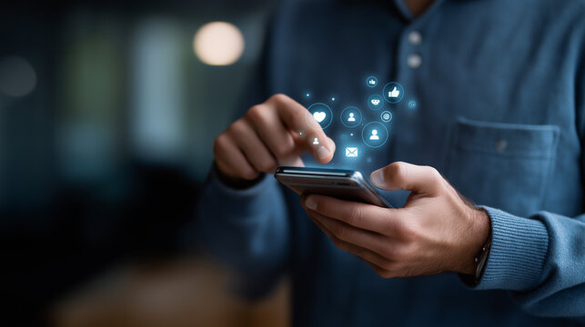 Social media digital online concept faceless man using smartphone with social media icons online marketing interface technology communication chat messaging post like follow