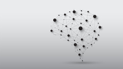 Abstract artificial intelligence brain concept. Digital human brain from nodes and connections. Futuristic technology design. Neural network, innovation, and data network. Vector illustration.