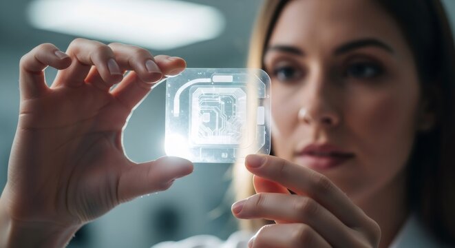 Woman scientist studying transparent biopolymer chip in laboratory. Advanced bioprinting research and development for medical technology and biotechnology.