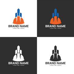 Creative construction logo design featuring a hard hat and building icon