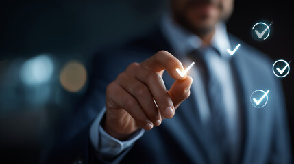 Faceless businessman validating digital documents using futuristic interface with checkmark icons overlay quality assurance system dashboard compliance review process document