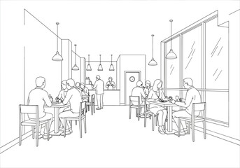 Obraz premium Interior outline of a restaurant with people dining and conversing 