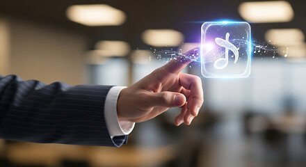 A hand touching a glowing music note icon with musical notes floating around on a blurred background