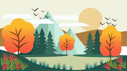 Autumn landscape with birds and orange trees