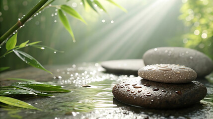 Wet spa stones with water droplets and bamboo leaves, sun rays and soft mist, zen nature background, relaxation and wellness concept, tranquility in eco spa design, natural balance theme