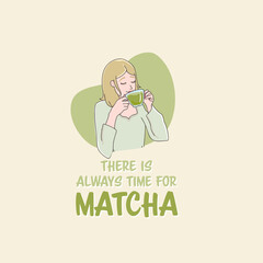 young female drinking matcha tea or matcha latte, illustration vector