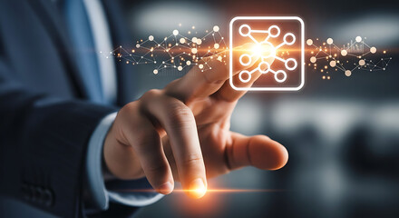 A hand touches a glowing icon with a network connection in a dark and professional setting scene