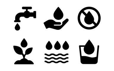 Plakat Water conservation and protection icons set in black silhouette style