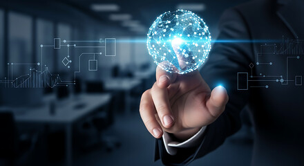 A hand touching a glowing digital globe with network diagrams in a blurred office environment