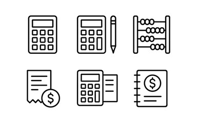 Simple line icons: calculator, abacus, receipt, and finance tools