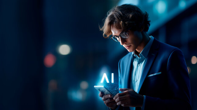 Faceless young businessman chatting with smart AI artificial intelligence chatbot interface machine learning technology digital assistant conversation automated response system