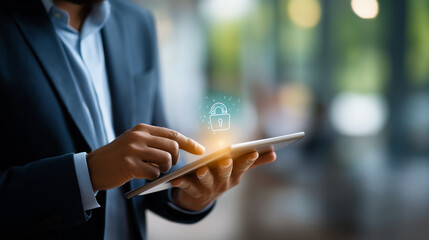 Close up faceless businessman using digital tablet with holographic security lock icon overlay cybersecurity data protection encryption technology AI security system online