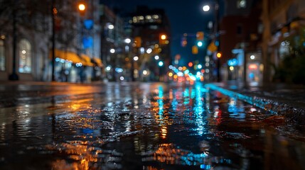 Obraz premium City Street Reflecting Night Lights After Rain Provides Urban Atmosphere