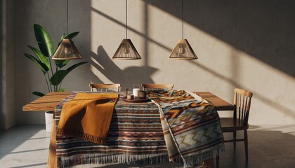 Dining room interior with wooden table and plants