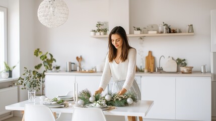 Young woman in white sweater is arranging a centerpiece of fir branches and silver ornaments on dining table in clean, minimalist and bright white kitchen