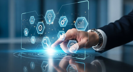 Hand touching digital interface with glowing icons representing data and technology concepts