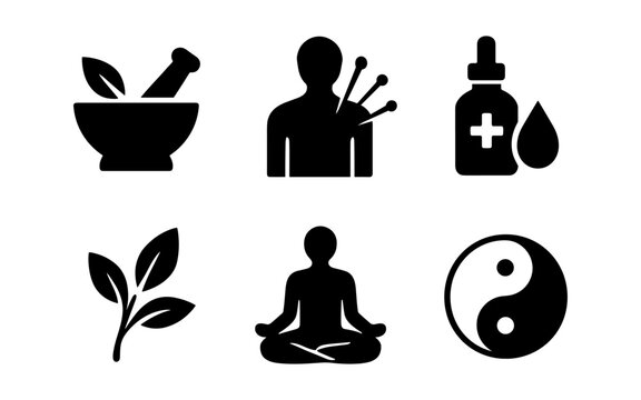 Silhouette icons of alternative medicine: acupuncture, herbal remedies, and meditation