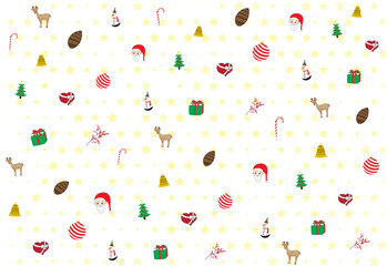 Christmas-themed mixed icon background pattern with yellow stars and a white backdrop, suitable for design, gift wrapping, event backdrops, greeting cards, tablecloths, and more