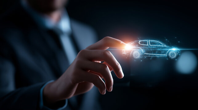 Faceless businessman using futuristic digital interface with electric vehicle EV technology visualization innovation concept battery system display charging station network