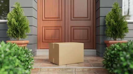 A cardboard box sits on a tiled porch, flanked by neatly trimmed bushes and a wooden door, creating a welcoming entrance.